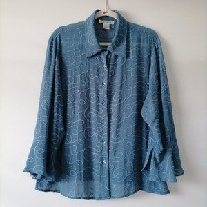 Moonlight Bay Womens Blue Bell Sleeve Collared Embroidered  Blouse Top Size XL